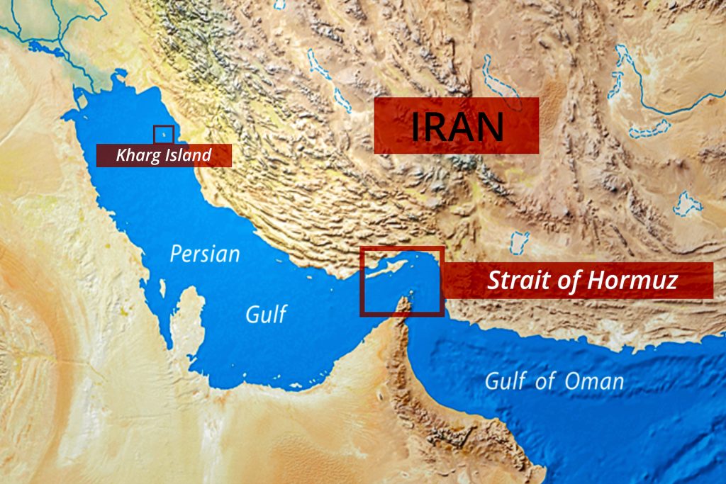 Strait of Hormuz map showing critical Persian Gulf shipping channel between Iran and Arabian Peninsula. Kharg Island and geopolitical oil gas trade route.