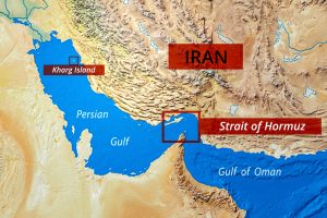 Strait of Hormuz map showing critical Persian Gulf shipping channel between Iran and Arabian Peninsula. Kharg Island and geopolitical oil gas trade route.